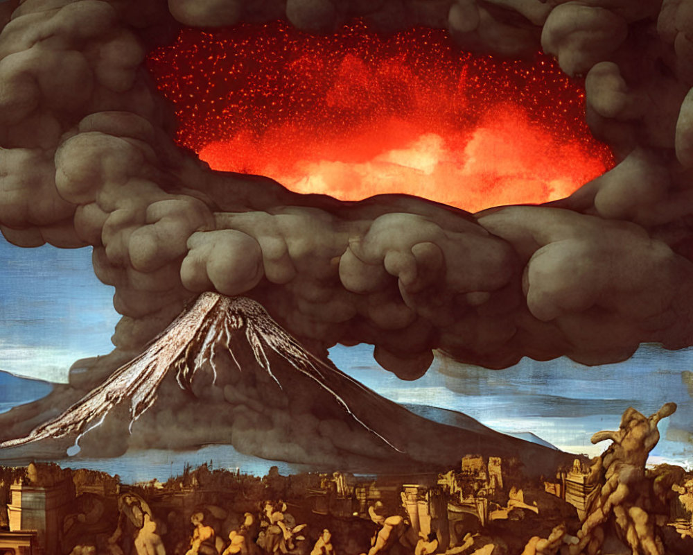 Dramatic painting of volcano eruption with ash cloud and fleeing figures