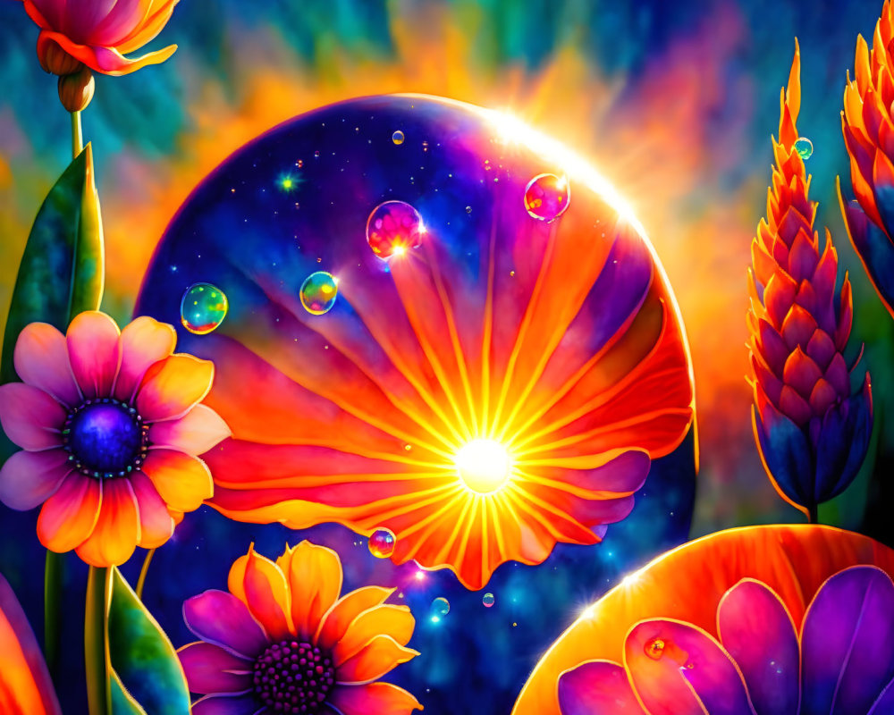 Colorful Flowers and Cosmic Sunset Scene with Space Backdrop