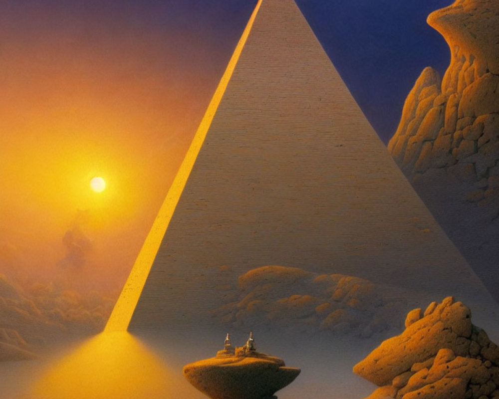 Surreal landscape with massive pyramid, setting sun, floating island, and ethereal clouds