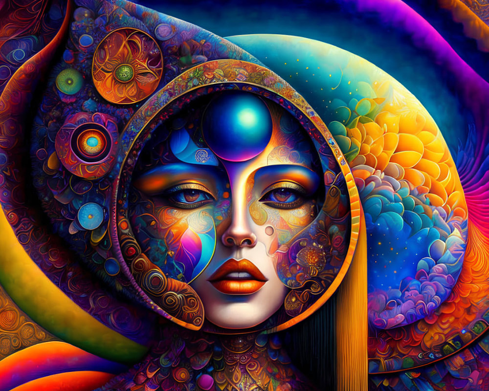 Colorful psychedelic portrait of a woman with cosmic motifs and third eye.