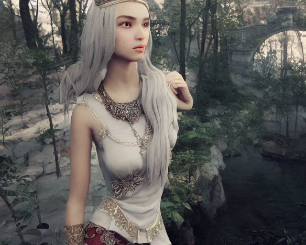 Ethereal woman with white hair, crown, and jewelry by stone bridge in forest