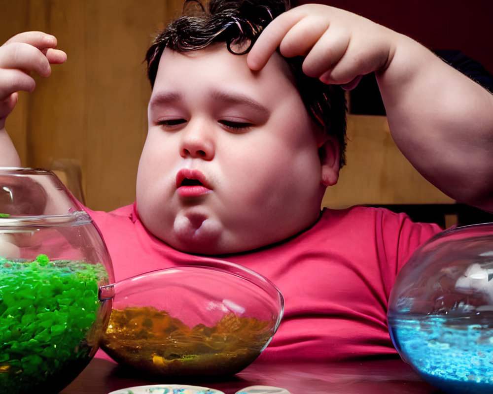 Child Contemplating Fish Bowls with Colorful Fish and Pebbles