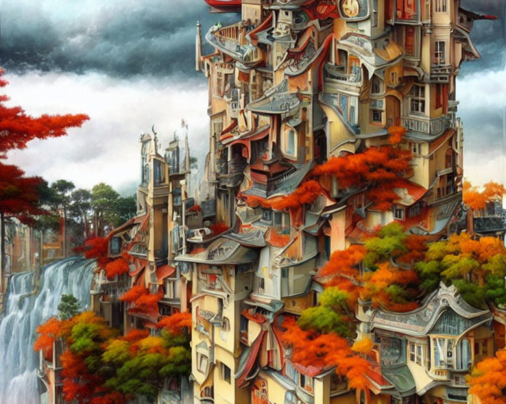 Fantastical cityscape with autumn foliage and waterfalls