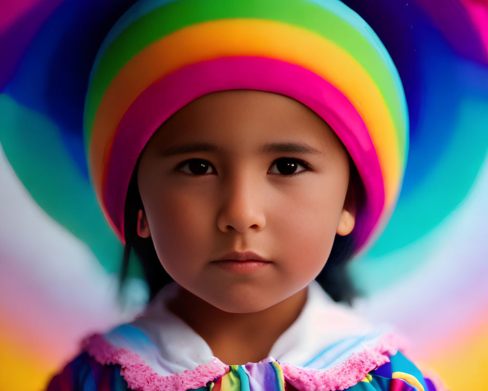 Serious young child in colorful rainbow attire