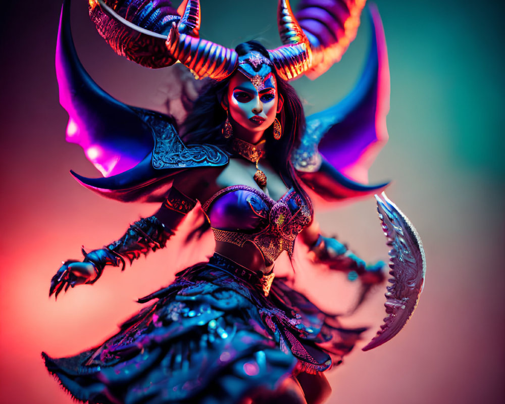 Fantasy demoness figure in elaborate armor with large horns and weapon on vibrant background