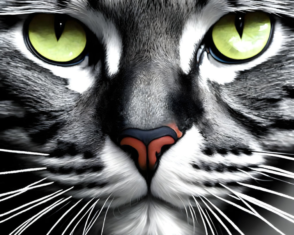 Cat with Green Eyes and Striped Fur Close-Up