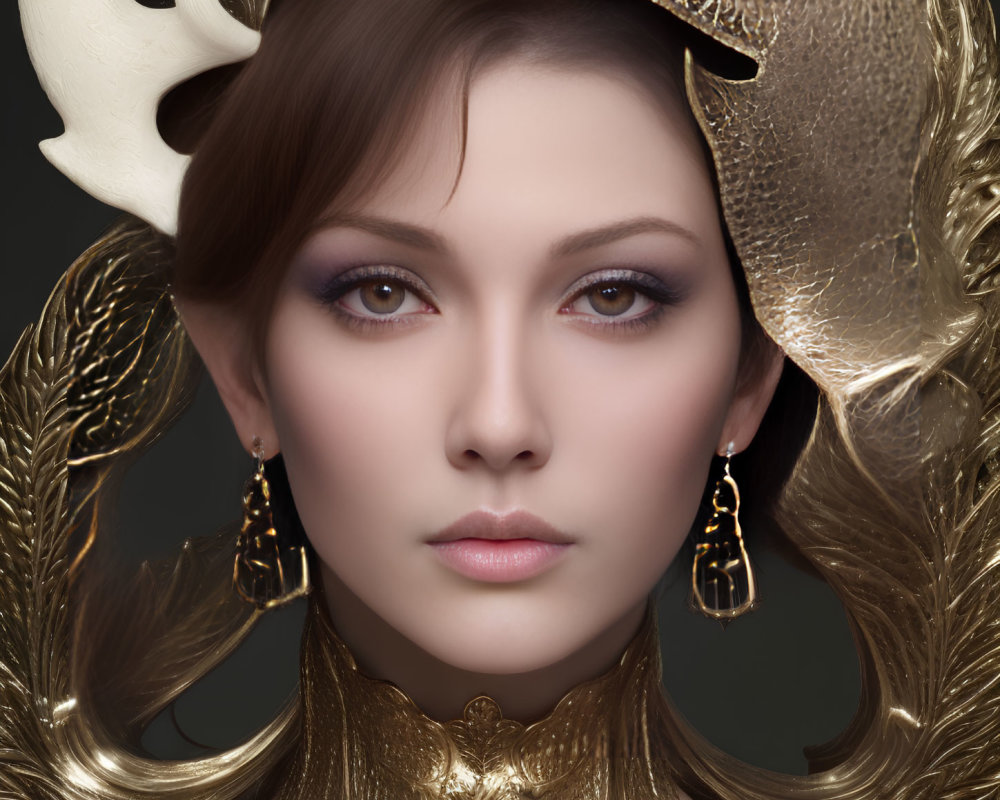 Fantasy-themed makeup with golden antler crown and jewelry