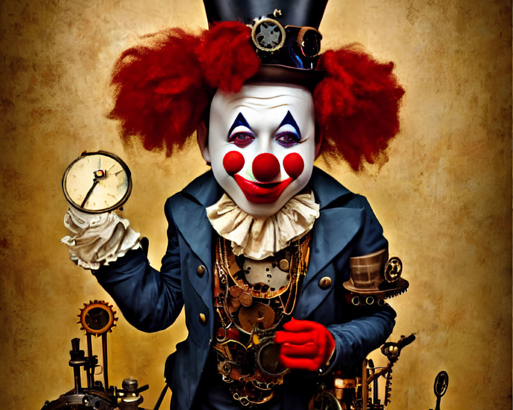 Steampunk-themed clown with top hat and pocket watch among clocks