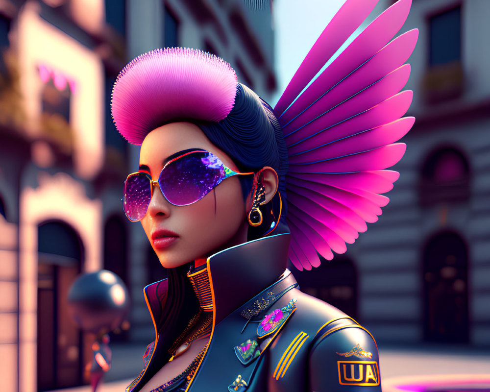 Stylish cyberpunk woman with pink winged headphones and reflective sunglasses