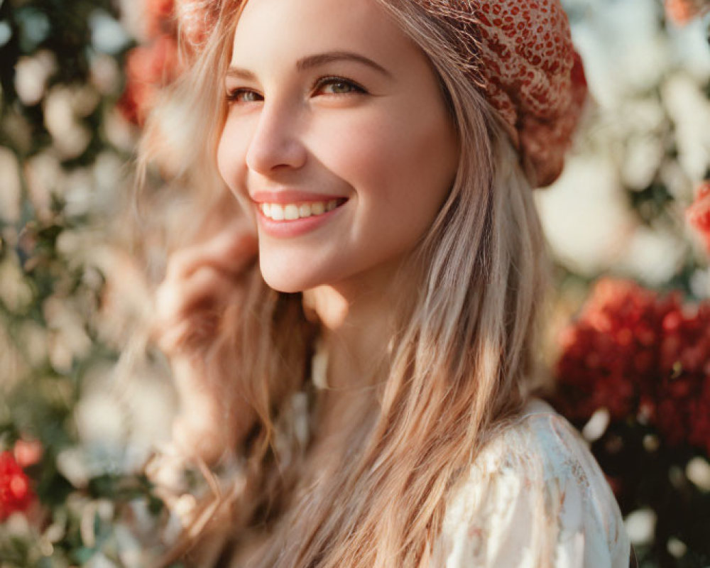 Blond woman in peach beret among red blooms in natural setting