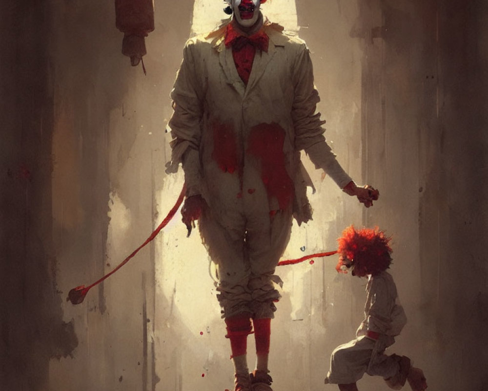 Menacing clown with blood-stained suit and red balloon in dimly lit space