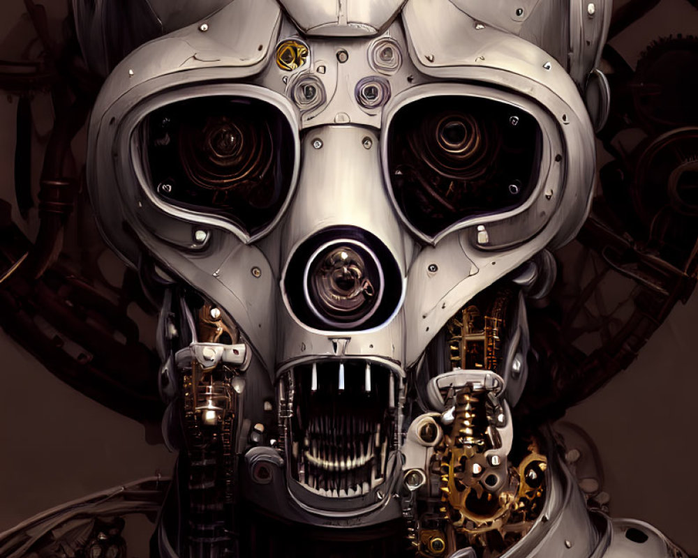 Detailed humanoid robot head with intricate mechanical components and dark eye sockets.