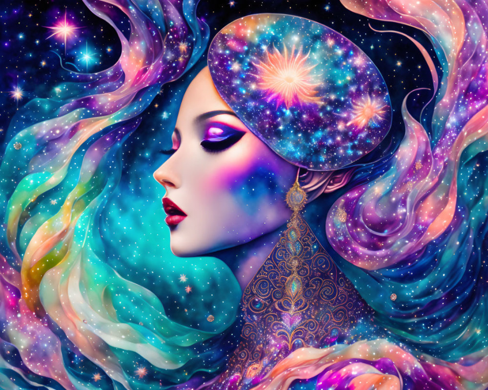 Colorful Woman with Galaxy Makeup in Cosmic Background