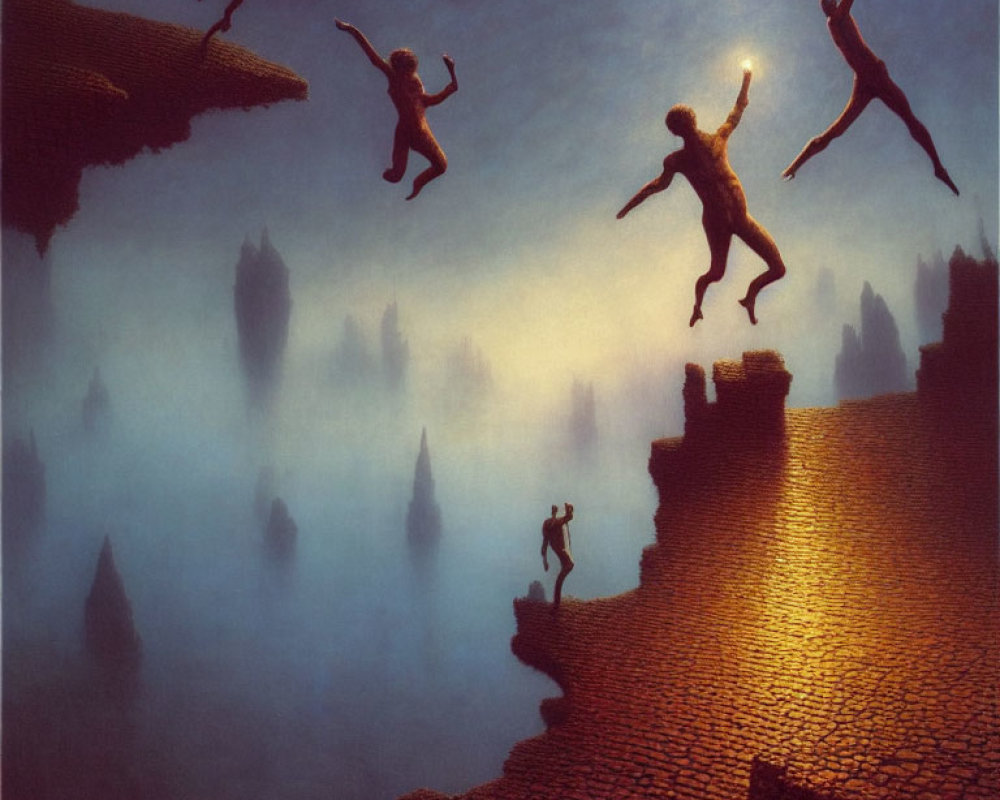 Surreal painting: Figures leaping on floating rock platforms above misty abyss and spire-like