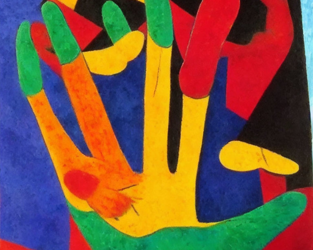 Vibrant abstract painting of stylized human hand in bold colors