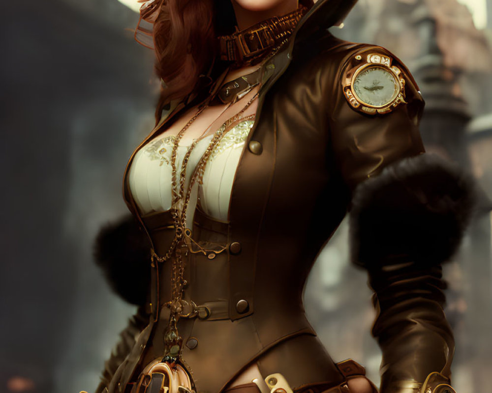 Steampunk-themed woman in top hat and corset with brass accessories.