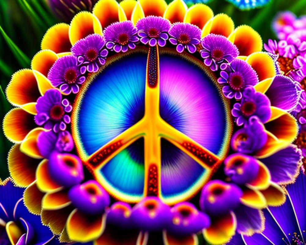 Colorful Peace Symbol Surrounded by Stylized Flowers on Psychedelic Background