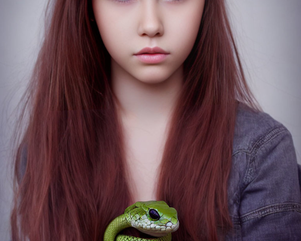 Serious young girl with long brown hair wearing denim top and green snake around neck