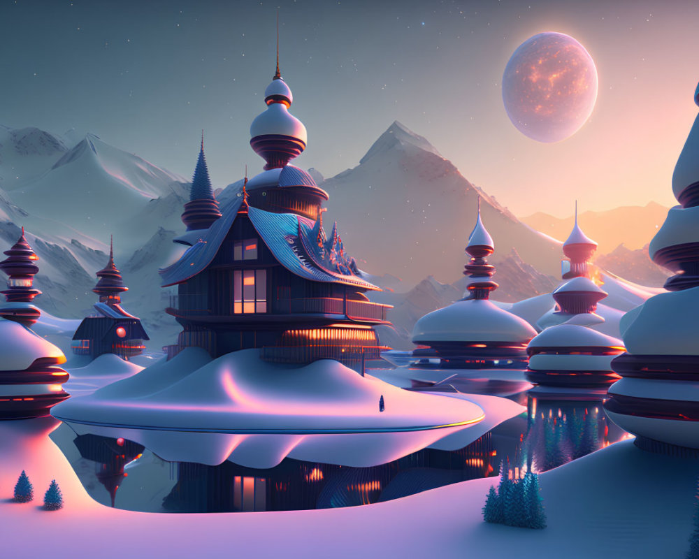 Snowy Oriental-style buildings and moonlit mountains in a serene night landscape