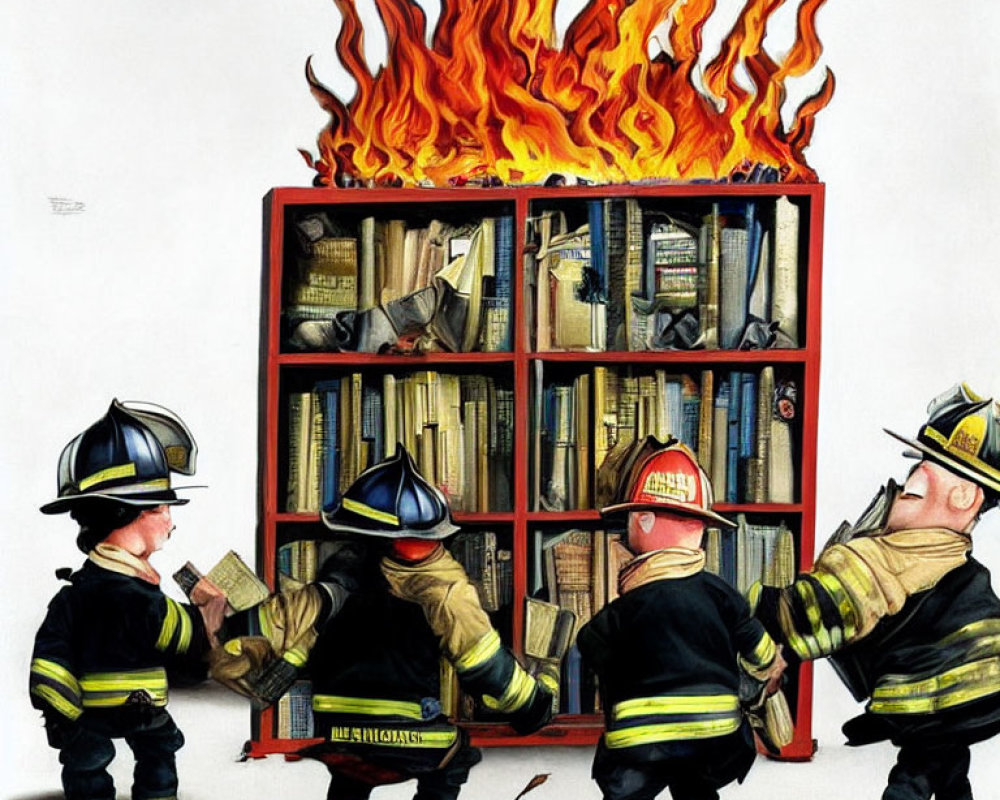 Animated firefighters rescuing books from burning bookshelf