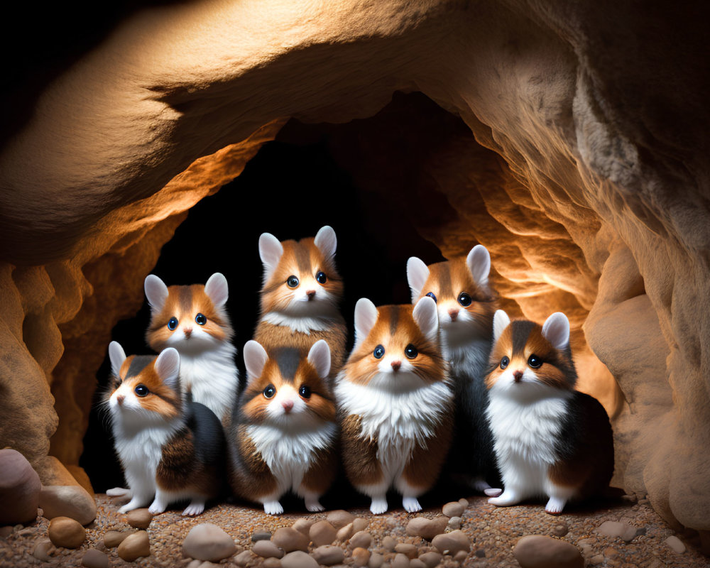 Six adorable corgi puppies in warm cave setting