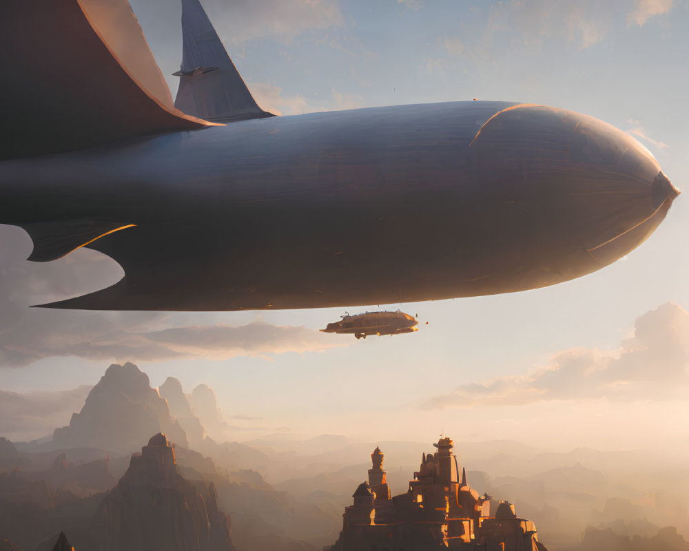 Futuristic airship over mountain landscape with castle at sunset