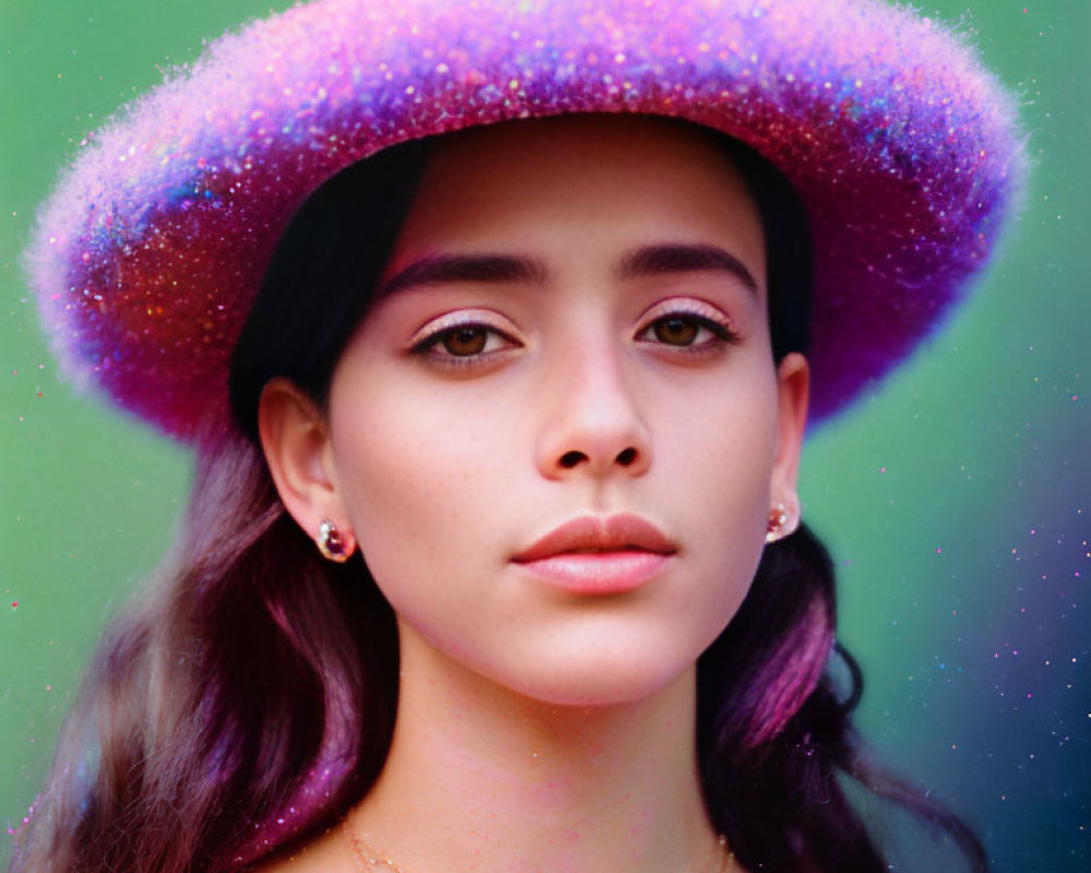 Young woman with brown eyes and purple-tinted hair in glittery hat and chain necklace on green