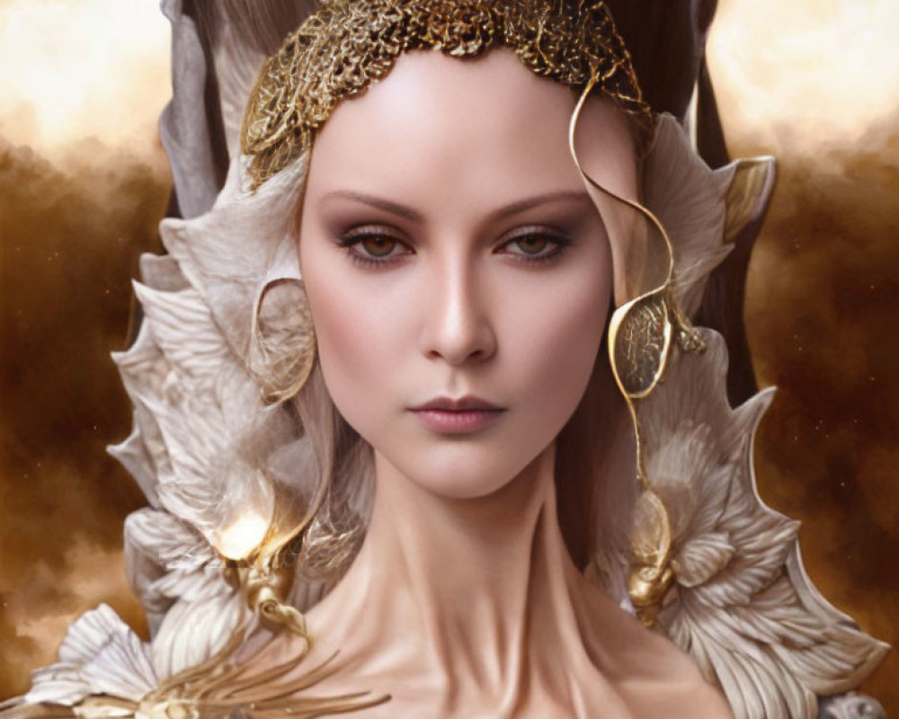 Fantasy portrait of woman with elfin features and golden headdress against soft-focus background