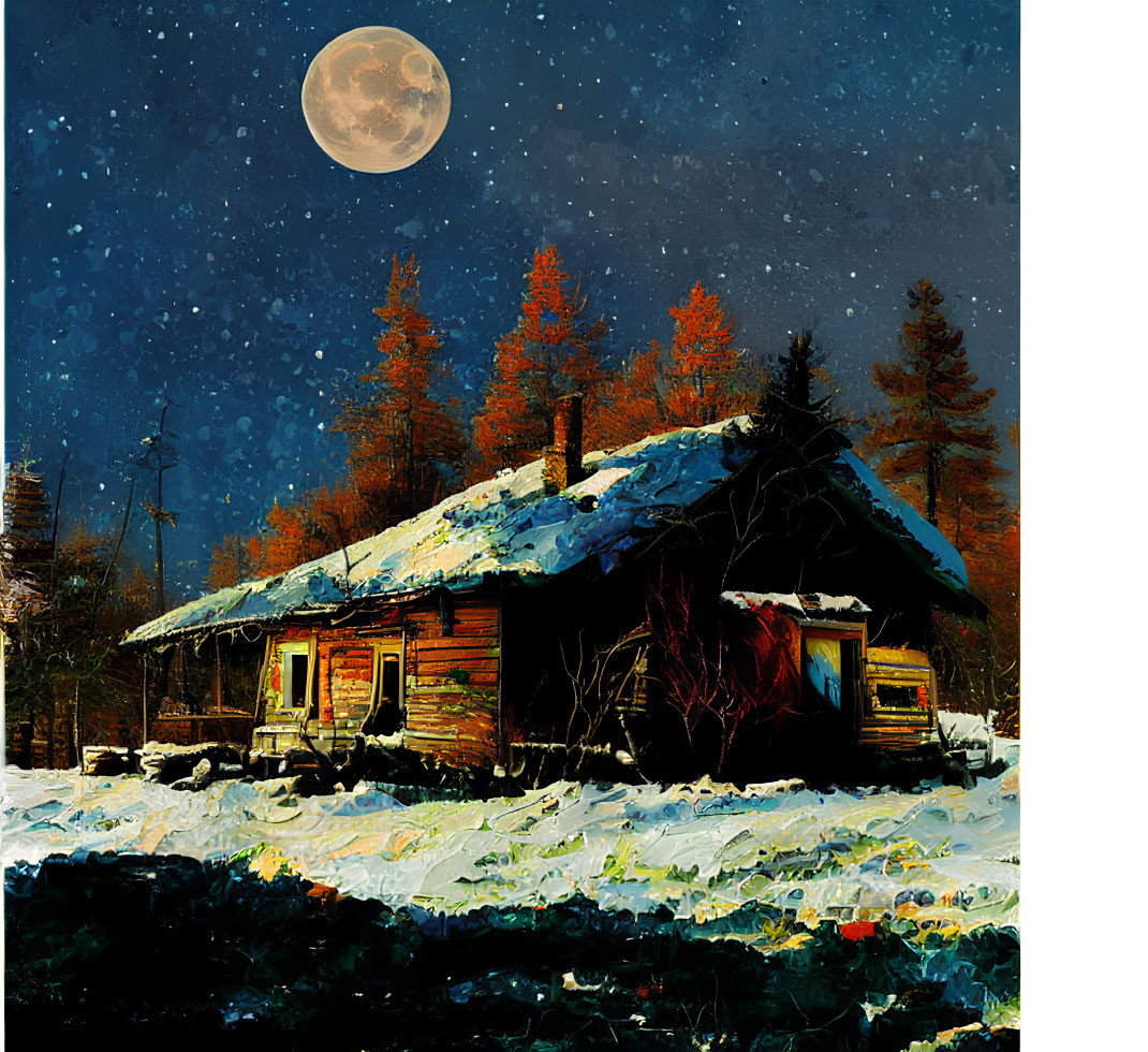 Snow-covered cabin under starry sky and full moon in serene night landscape.