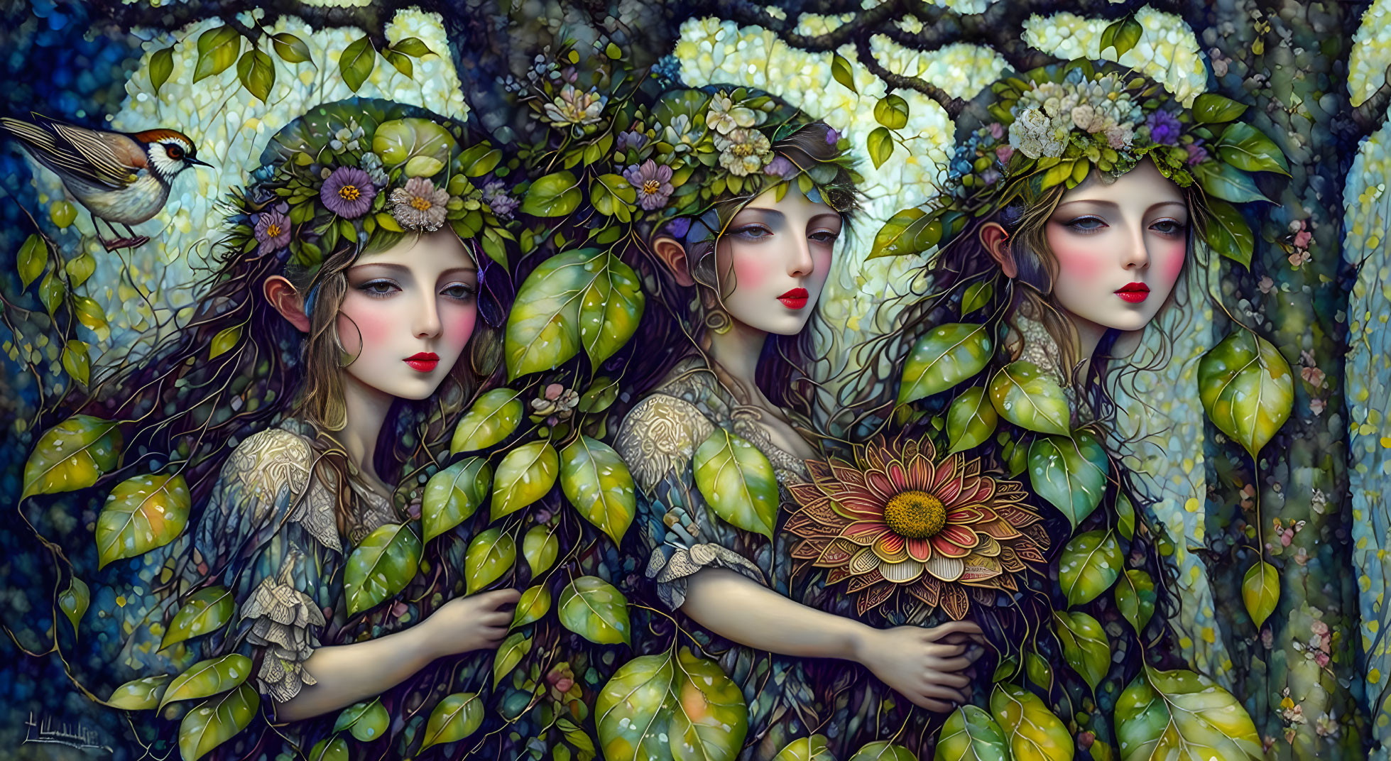 Ethereal women with leafy garlands in lush foliage