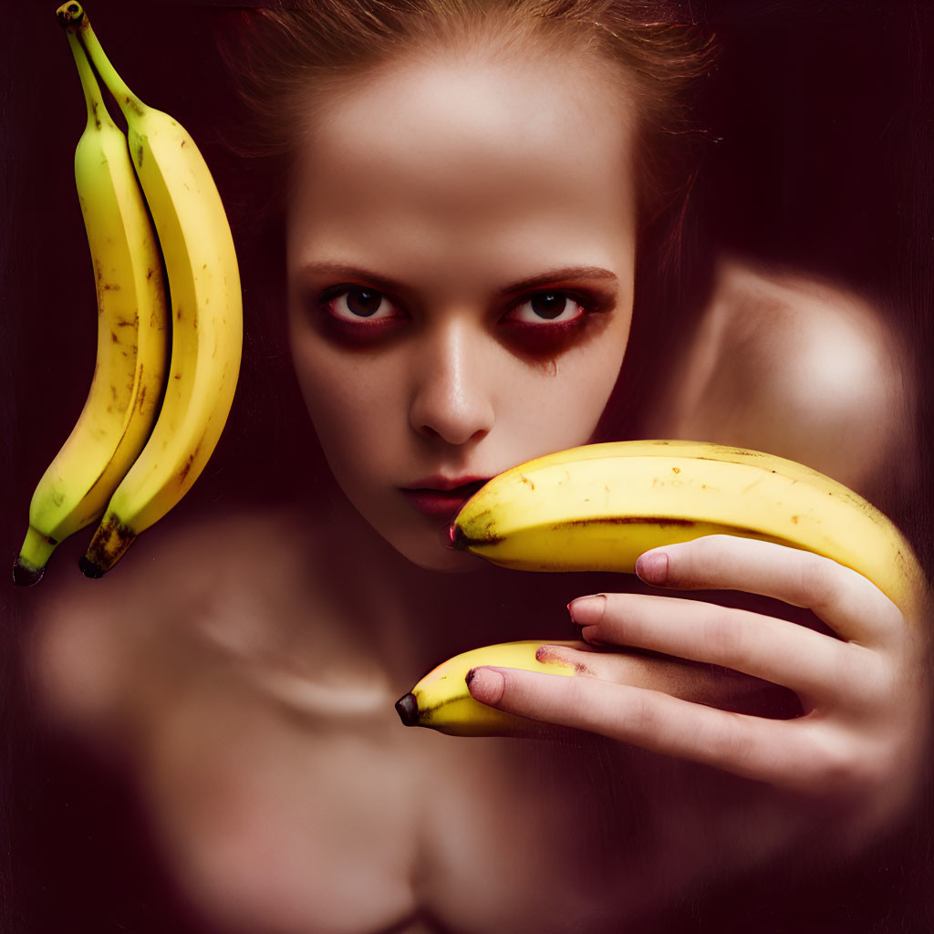 Striking red eye makeup person holding banana on dark background