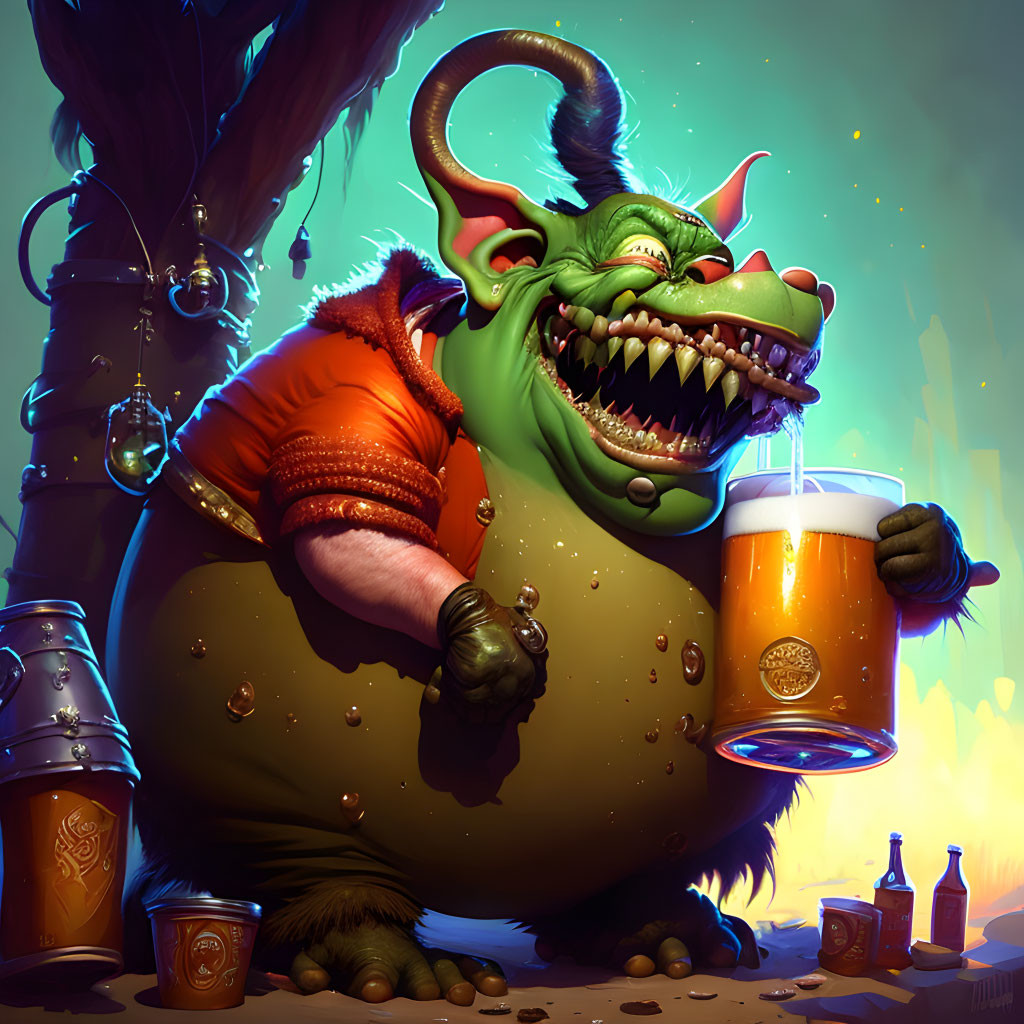 Green troll with tusks in vest holding beer mug and bottles scattered around