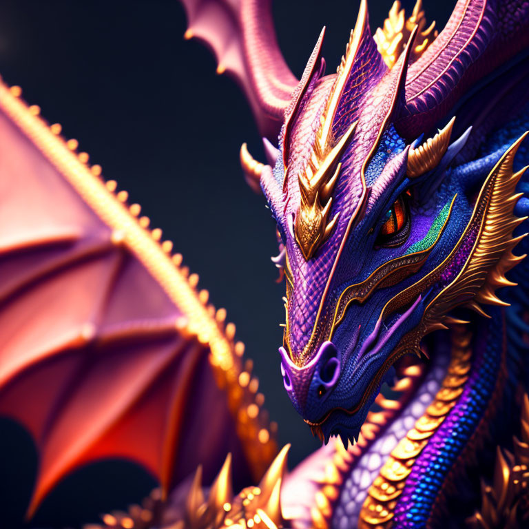 Detailed digital artwork: Majestic purple and gold dragon with intricate scales and piercing eyes on dark background