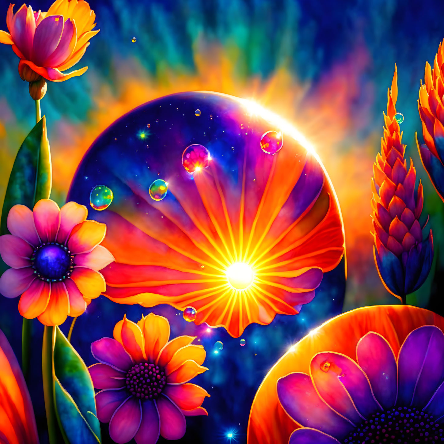 Colorful Flowers and Cosmic Sunset Scene with Space Backdrop