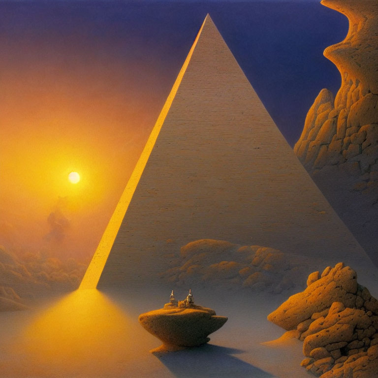 Surreal landscape with massive pyramid, setting sun, floating island, and ethereal clouds