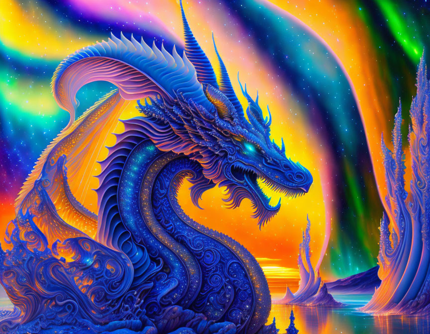 Colorful Digital Art: Blue Dragon in Cosmic Landscape