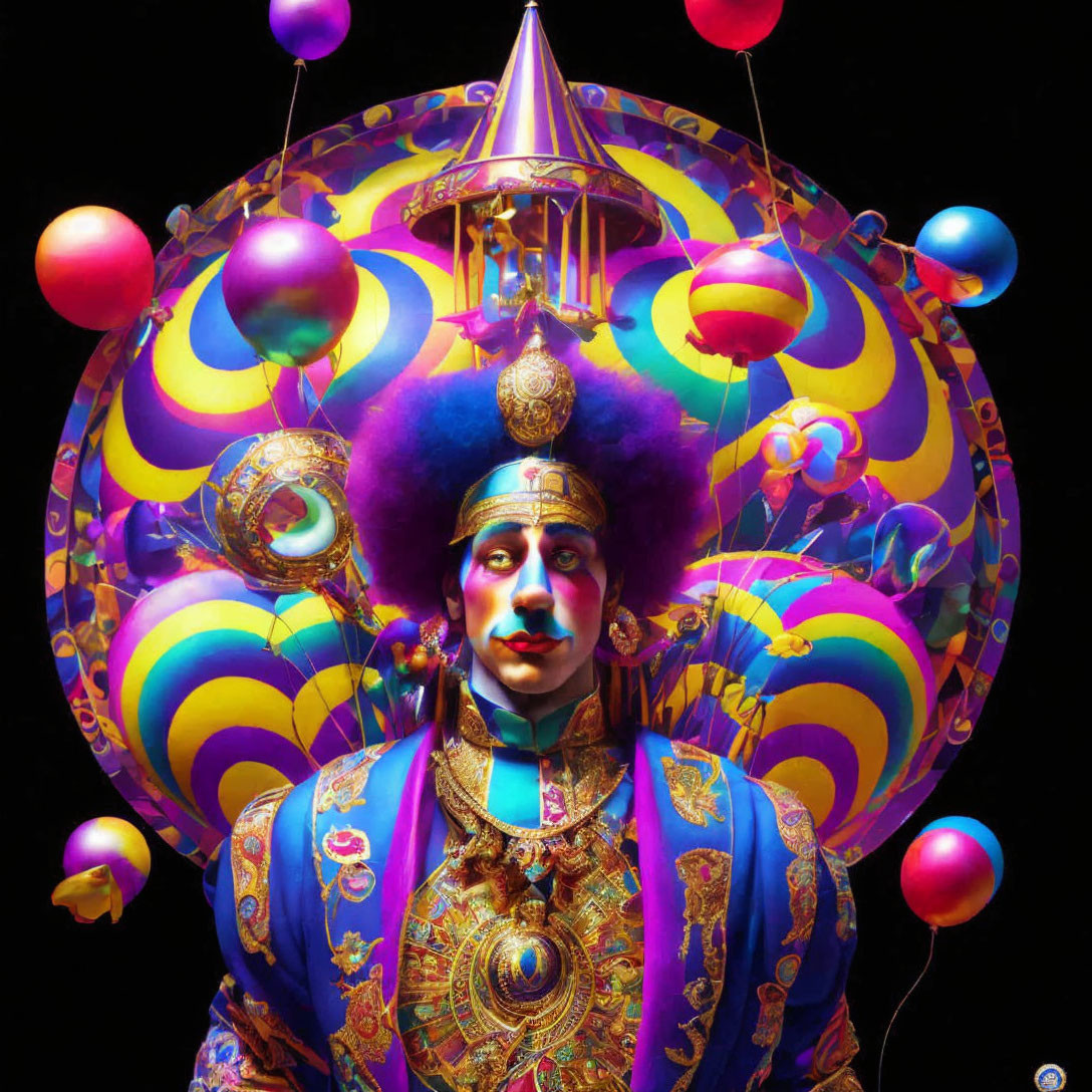 Colorful Performer in Whimsical Attire with Blue Afro and Balloons