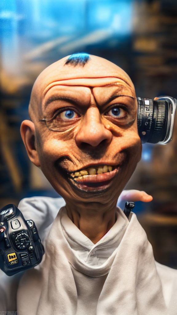 Exaggerated head caricature with big eyes and camera smiling