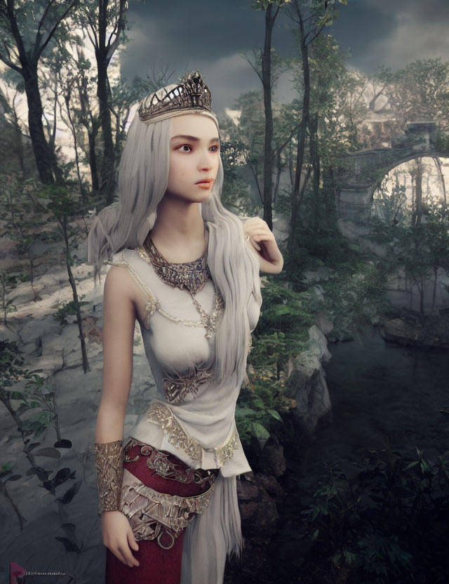 Ethereal woman with white hair, crown, and jewelry by stone bridge in forest