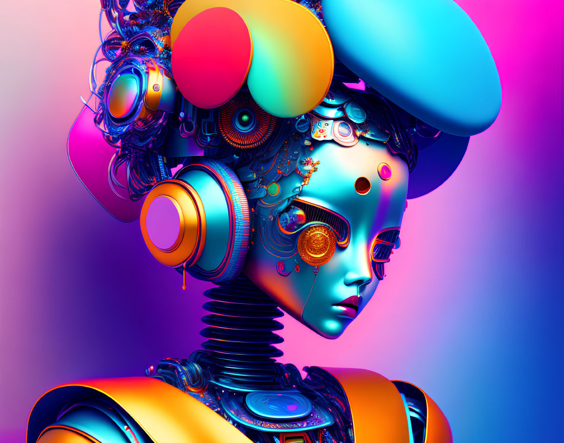 Futuristic robot with colorful headpiece and headphones