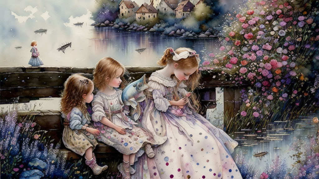 Three girls in vintage dresses near pond with fish and fantasy cities.