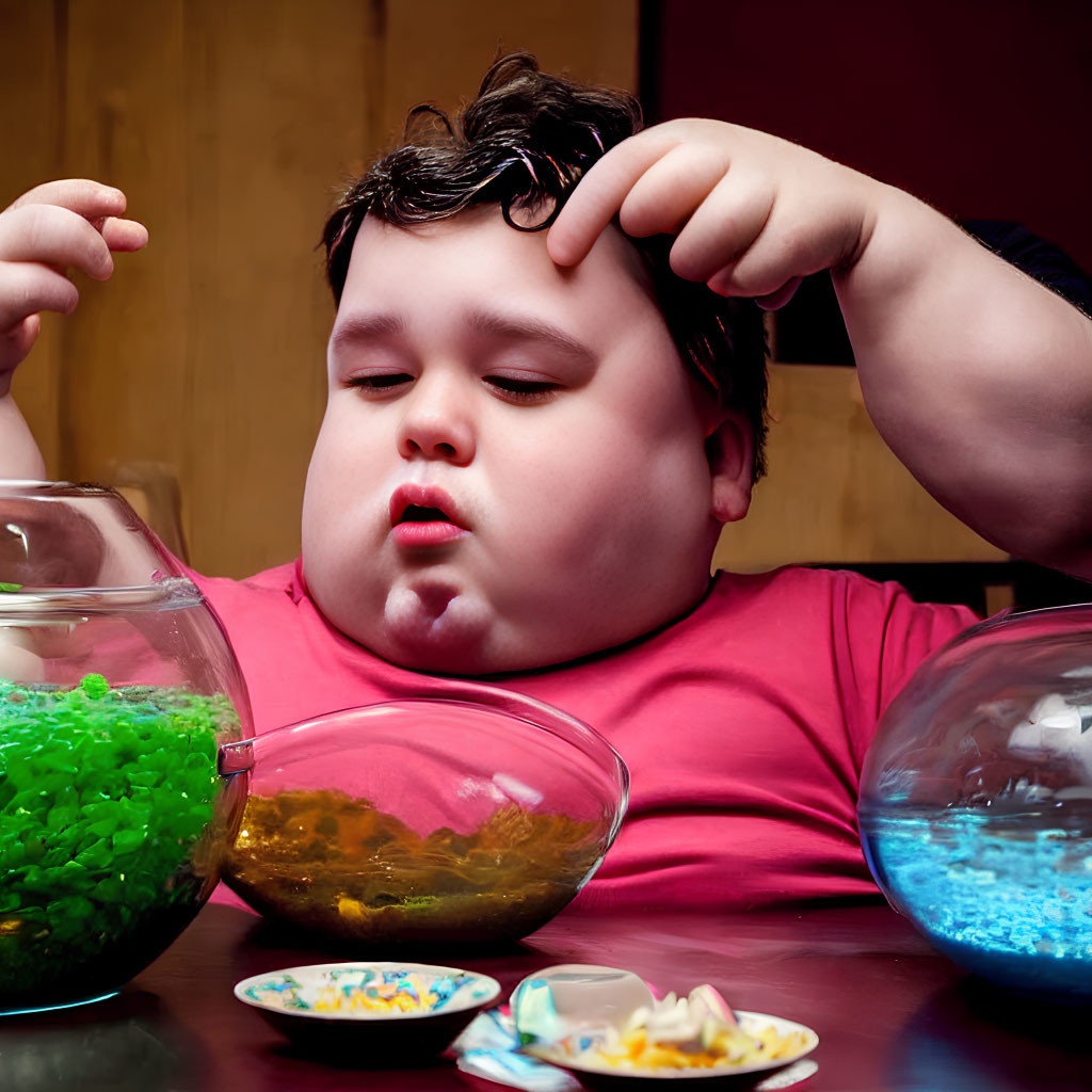 Child Contemplating Fish Bowls with Colorful Fish and Pebbles