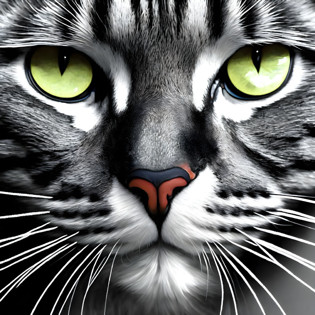 Cat with Green Eyes and Striped Fur Close-Up