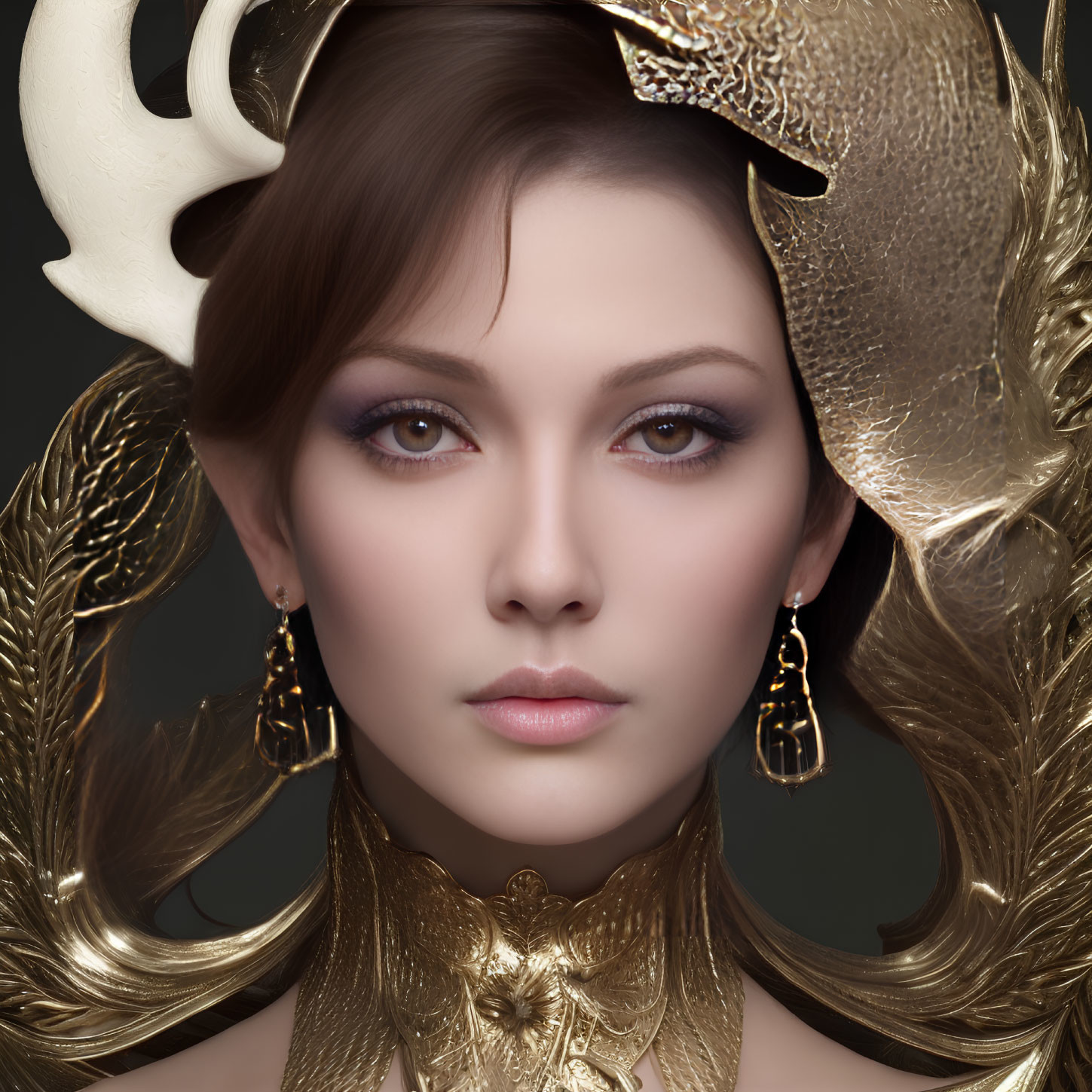 Fantasy-themed makeup with golden antler crown and jewelry