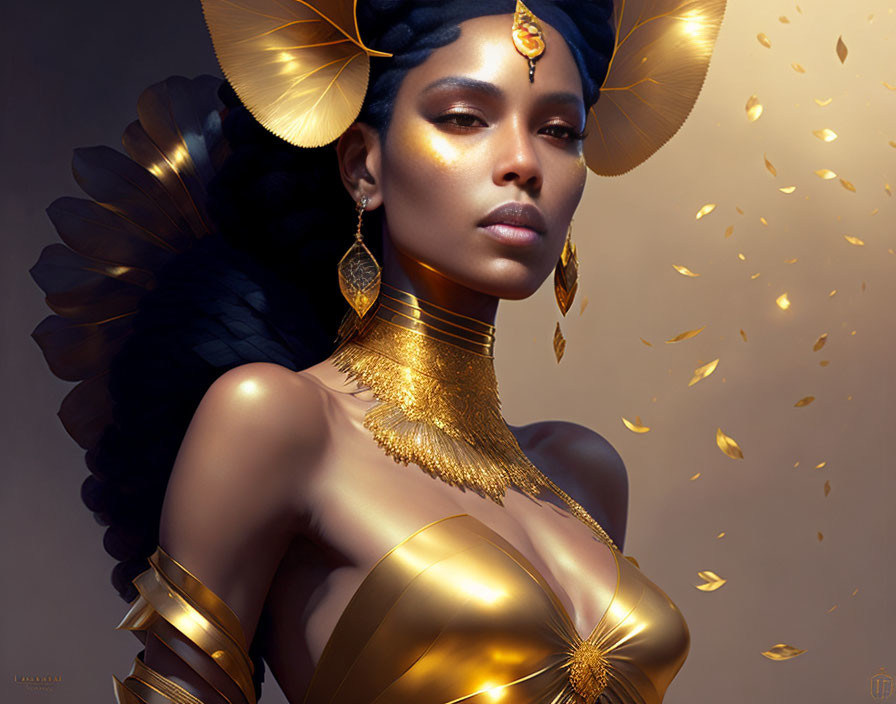 Portrait of a woman in gold jewelry and turban with floating gold petals.