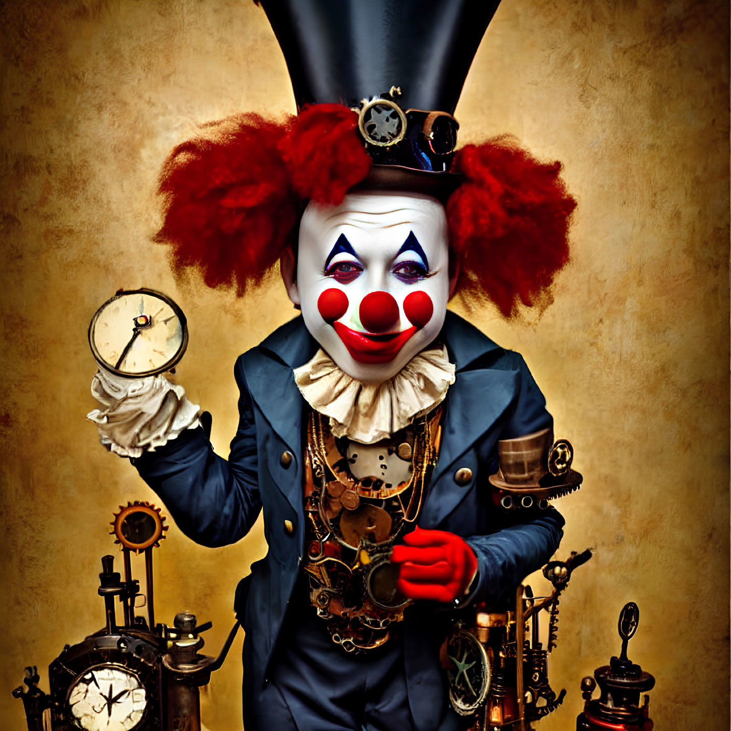 Steampunk-themed clown with top hat and pocket watch among clocks