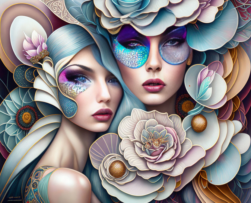 Fantasy Artwork: Two Women with Floral and Butterfly Adornments