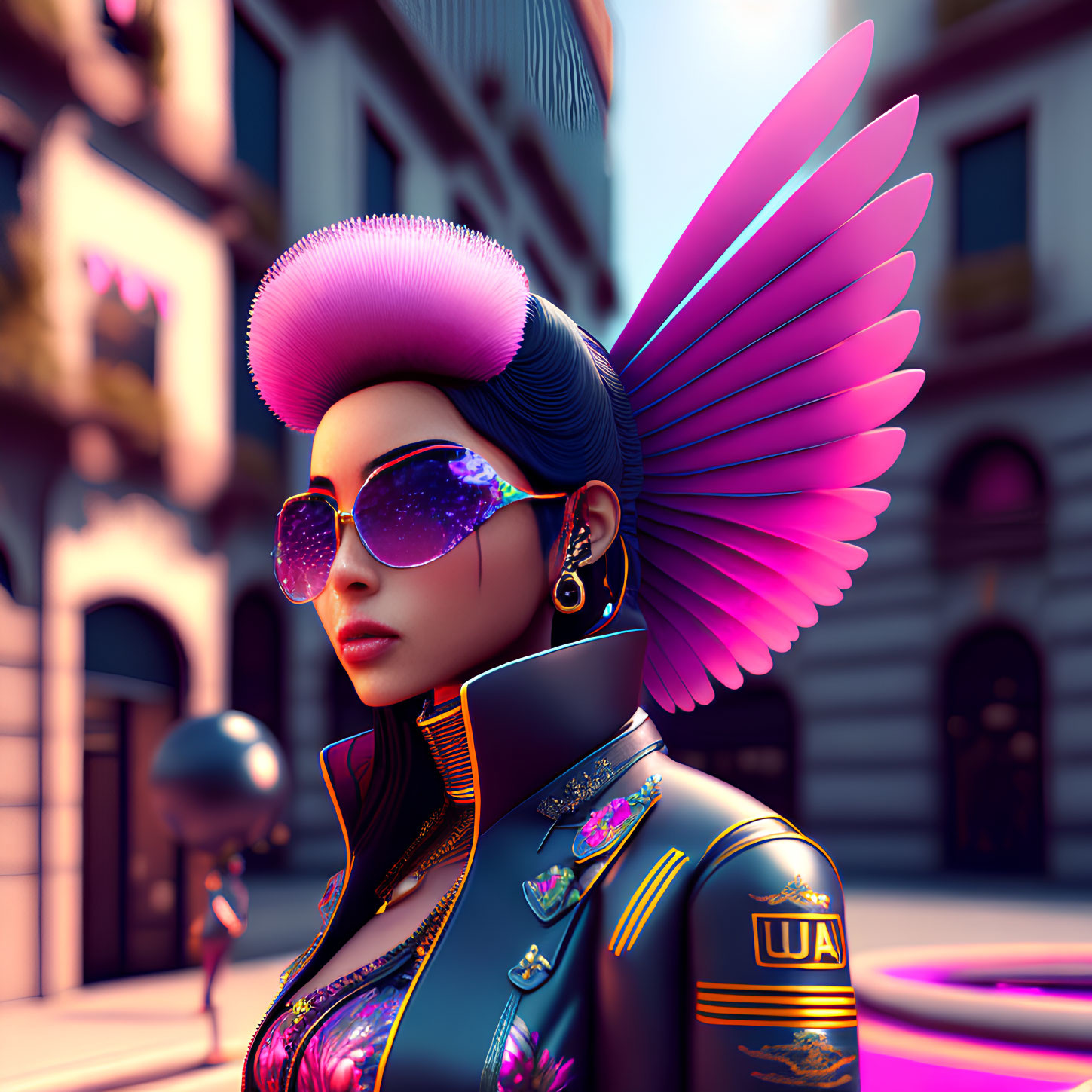 Stylish cyberpunk woman with pink winged headphones and reflective sunglasses