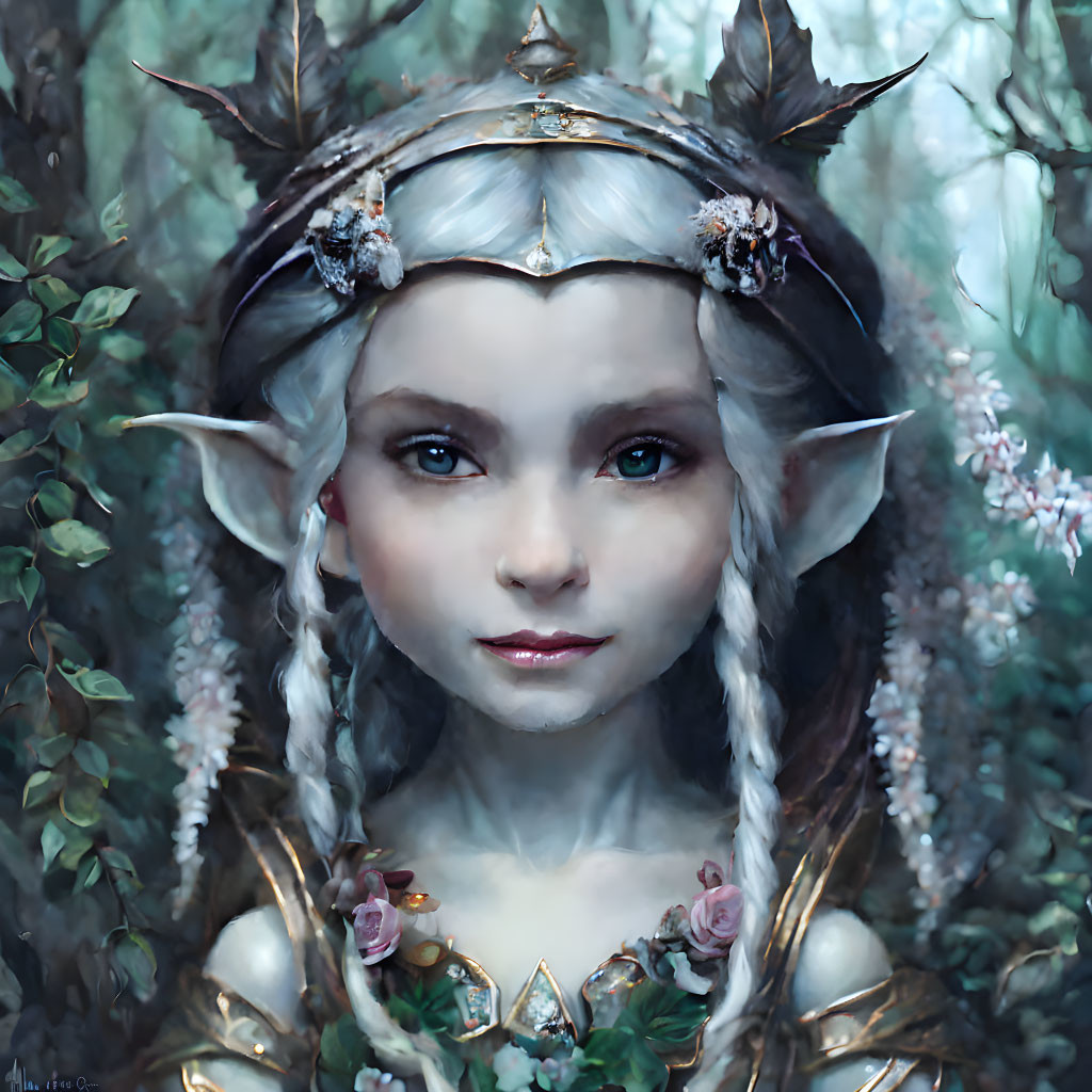 Fantasy elf illustration with pointed ears and crown in lush foliage