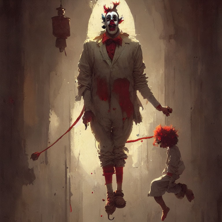 Menacing clown with blood-stained suit and red balloon in dimly lit space